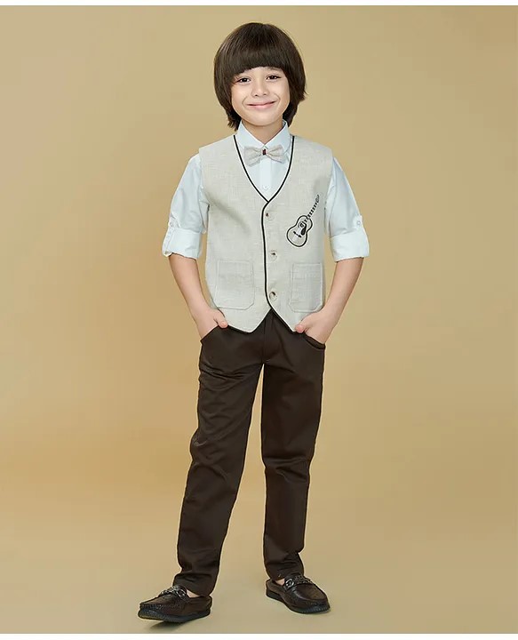 Ministitch Velvet Woven Full Sleeves Guitar Embroidered 3 Piece Party Suit With Bow Set - Beige